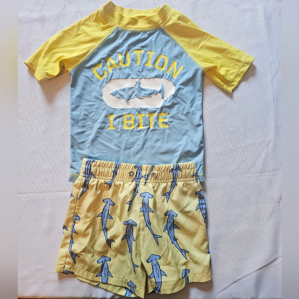 Old Navy 3T Boys Swim Trunks & Short Sleeve Shirt Set, Shark Theme